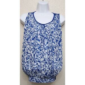 Covington Blue White Floral Pleated Sleeveless Top Small Elastic Banded Waist